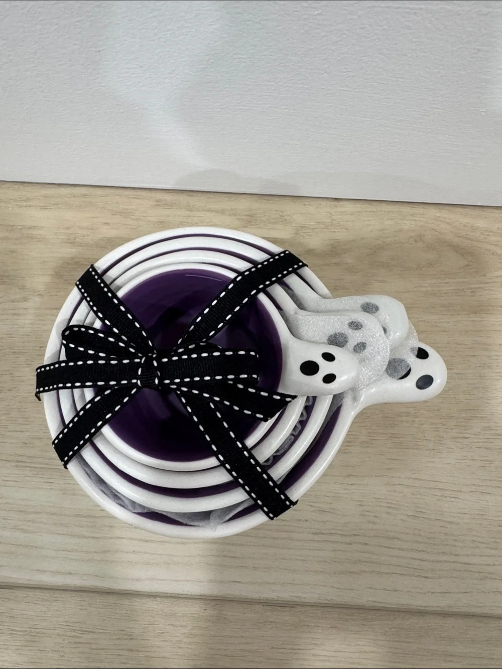 Rae Dunn Ceramic Ghost Measuring Cups - White Exterior and Purple Interior